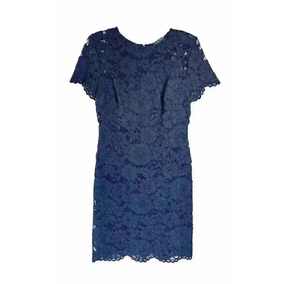Lauren Ralph Lauren Dress Sz 10 Navy Blue Floral Lace Overlay Classic Cap Sleeve - Picture 2 of 9